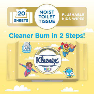 Kleenex Superior Clean Kids Wipes – Gentle, Soft & Flushable (20 Wipes)